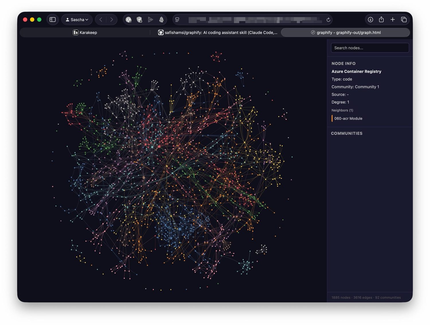 A knowledge-graph visualization of a codebase, nodes clustered into communities