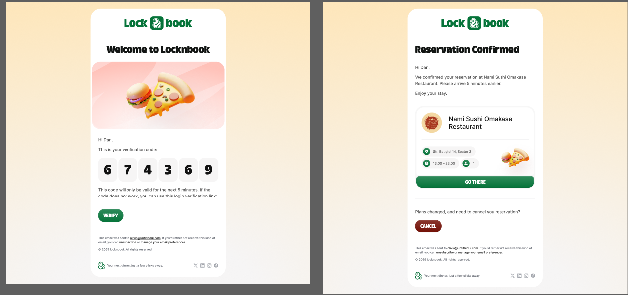 LocknBook transactional emails — an OTP verification code and a reservation confirmation