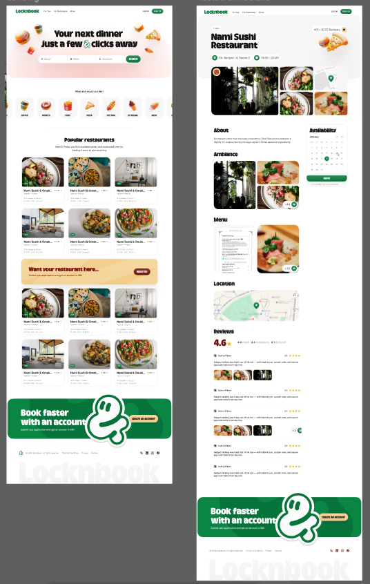 LocknBook guest flow — venue discovery and a venue detail page with menu, reviews, map, and booking