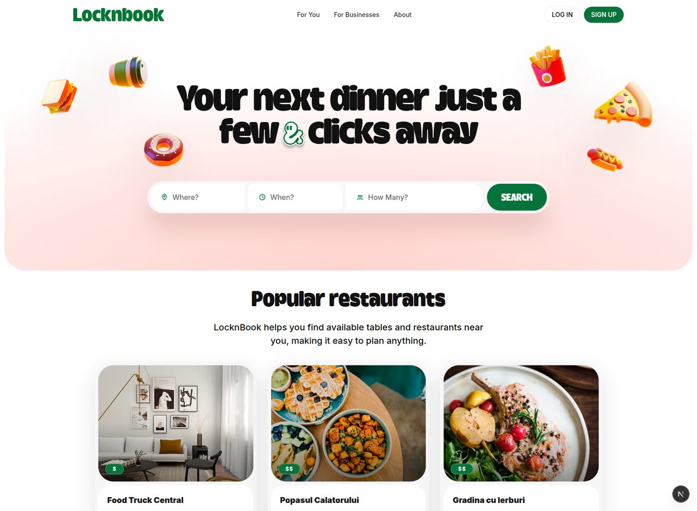 LocknBook home page with venue search and popular restaurants